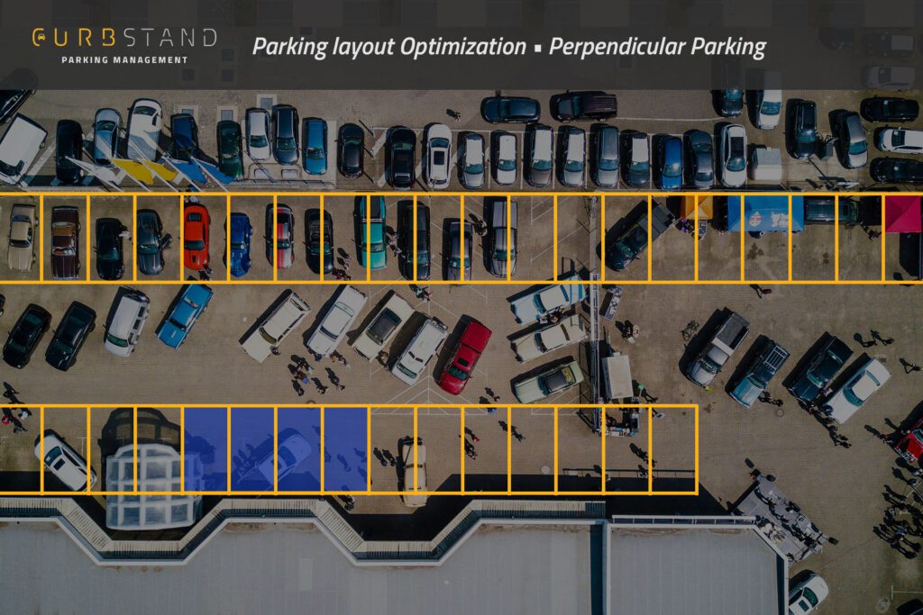 Parking layout with perpendicular parking spots