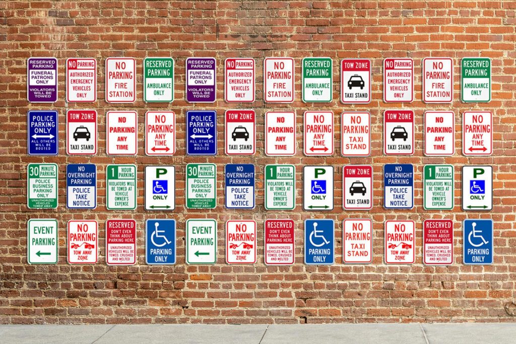 Multiple parking signs on a wall